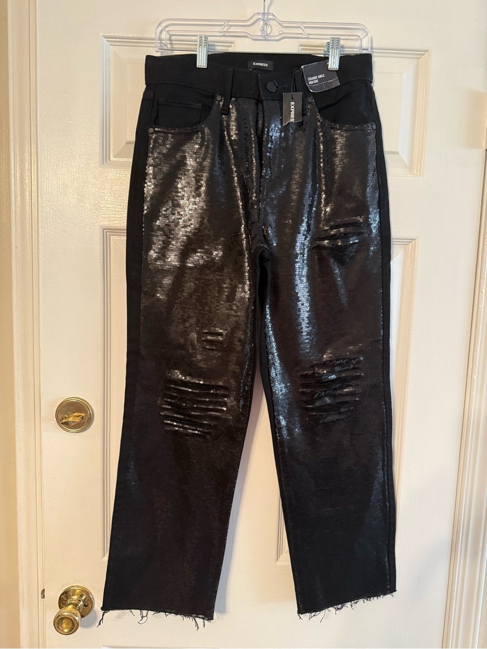Express Women’s Black Sequin Distressed Jeans